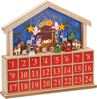 BRUBAKER Herbruikbare Houten Adventskalender- 24 Vakjes om zelf te vullen met kleine Cadeautjes - Bethlehem - Doe-het-zelf-kalender 34,5 x 32 x 6 cm