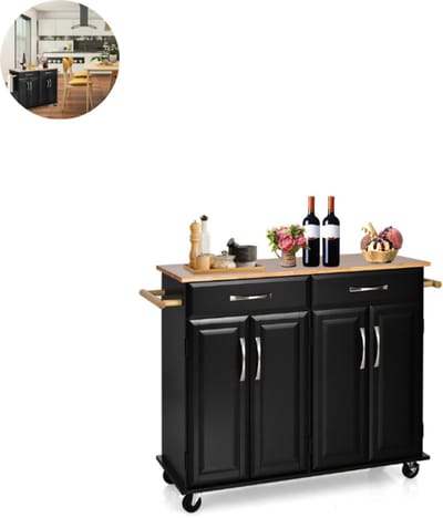 Keukeneiland - Verplaatsbaar - Keukenkast - Dressoir - Organizer - Kasten - Houten Werkblad - Zwart
