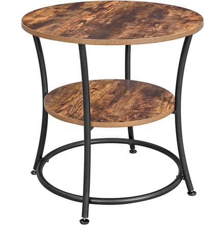 Industriële Stijl Ronde Salontafel / Bijzettafel – Rustiek Bruin met Zwart Metaal – Houtlook – Compacte Tafel met 2 Planken – Stabiel en Multifunctioneel – Voor Woonkamer, Slaapkamer of Hal – 55x55x55 cm – Vintage Loft Design