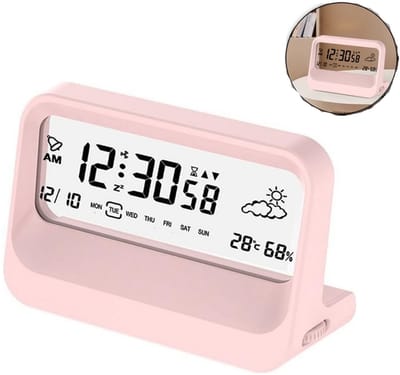 KZQ Digitale Wekker met Tijd Datum Temperatuur Slaapfunctie Nachtlampje 12/24 uur Batterij Bediening Slaapkamer Kantoor Reis Roze