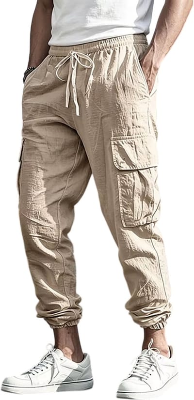 Cargo Joggingbroek voor Heren van Katoen-Linnenmix – Heren Broek met Elastische Tailleband en Trekkoord, Ademende Casual Streetwear Broek met Meerdere Zakken - Maat S
