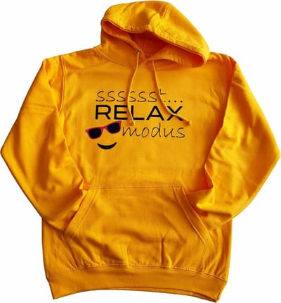 Gele hoodie met "Sssssst... RELAX modus" - 3XL - trui, hoedie, relaxen, vrij zijn, vakantie, weekend, huispak, vrije tijd, gold, geel, oker, donker geel, XXXL, zonnebril