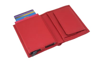 OI rode leren billfold met cardprotector en wiener schachtel / compact portemonneetje met Figuretta pasjeshouder en vierkant vouwbakje voor muntgeld / compleet beursje met anti skim kastje / RFID SAFE / rood / 148R