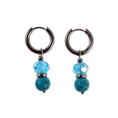 ∅15mm Oorringen met Natuurlijke Turquoise Steen en Tsjechische Kristal Hanger, Gepolijst RVS, Oorbellen Dames - Handgemaakt