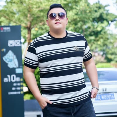 Dikke Mannen Dikke Plus Size T-shirt met Halve Mouwen en Ronde Hals Gestreept Dun Trend Halve Mouwen Body Shirt Katoen Zomer Dun 5XL zwart
