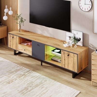 Wishdor Tv-Meubel - Met Ledverlichting - Glazen Legplanken - Gedempte Scharnieren - Spaanplaat - Naturel - 190 x 40 x 50 cm