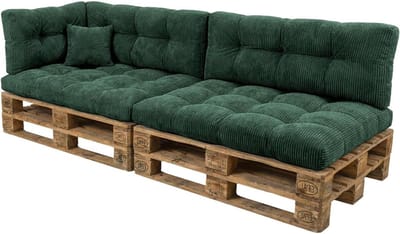 POKAR Set van 6 Palletkussens: 2x zitkussen 120x80 + 2x rugkussen 120x40 + zijkussen + sierkussen Ribstof Corduroy | Gewatteerd Loungekussens voor Palletmeubels en Tuinbank | Flessengroen