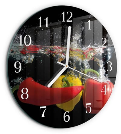 Tulup Wandklok - Peper Moderne Glazen Wandklok - 30fi cm - Zwart Wandklok Glas Met Motief - Witte Handen - Ronde Wandklok - Wandklok Glas Met Motief - Decoratieve Glazen Klok