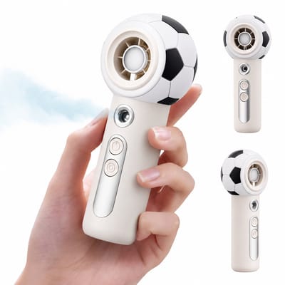 Draagbare handventilator met verneveling, oplaadbare mini-handventilator met turboluchtstroom en fijne nevel, krachtige persoonlijke ventilator met 4 snelheden, compact voor op reis, strand, camping, kantoor en buiten (voetbal)