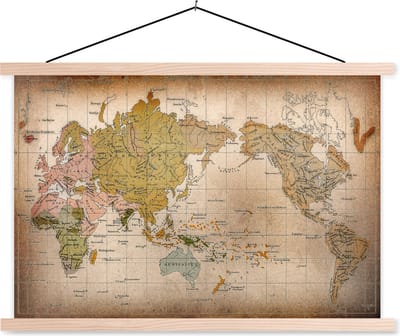 Posterhanger incl. Poster 60x40 cm - Schoolplaat - Klassieke wereldkaart de verspreiding van mensenrassen - Textielposter - Blanke latten