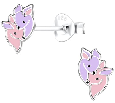 Joy|S - Zilveren hertje oorbellen - 6 x 8 mm - 2 hertjes roze lila