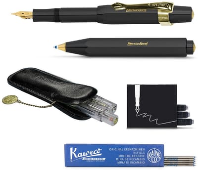 Kaweco - Cadeau - pennenset- (6delig) - Etui - Vulpen Extra Fine met Clip - Balpen - Zwart - Inktpatronen - Balpenvullingen Blauw Medium