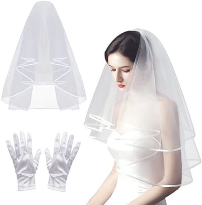 Bruidssluier 80 cm - Witte Sluier - Korte Satijnen Handschoenen - Hoofdtooi - Bruid Accessoires - Mesh/Satijnen Rand - Bruidsaccessoires