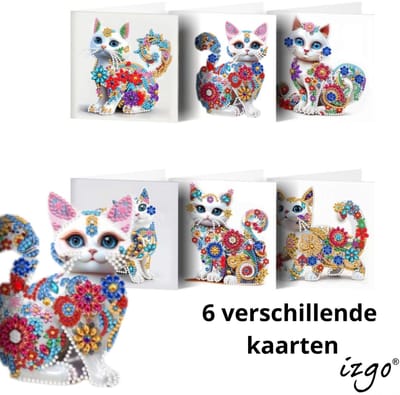 IZGO Diamond Painting Kaarten – 6 Wenskaarten met envelop - Zonder Tekst - Volwassenen – Volledig Hobby Pakket - Diamant schilderen - Katten