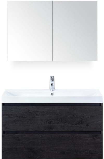 Maxx XL Badmeubelset 100 cm - Black Oak - Wastafel Just 1 Kraangat met Spiegelkast