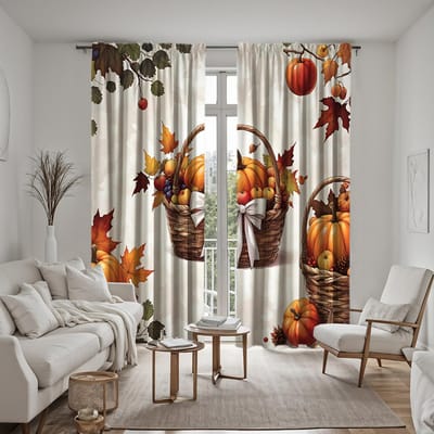 2 stuks set HD Thanksgiving Herfst bladverliezend fruit pompoen decoratief gordijn Gele strik digitaal bedrukt gordijn Huisdecoratie s W52H63inchW132H160cm white