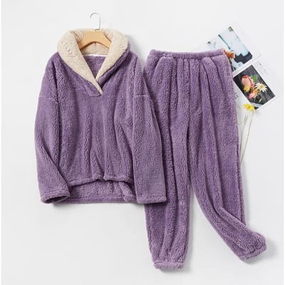 Nieuwe pyjamasets dames effen lange mouw wintervrouw pluizig pijamapak met broek dikke warme fleece huiskleding voor dames 2XL gray