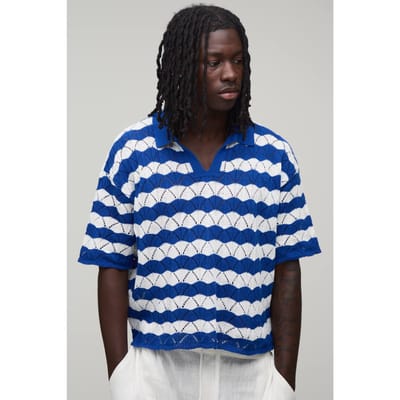 Oversized Boxy Wavy Open Stitch Knitted Polo T-Shirt | Blue | Size XS