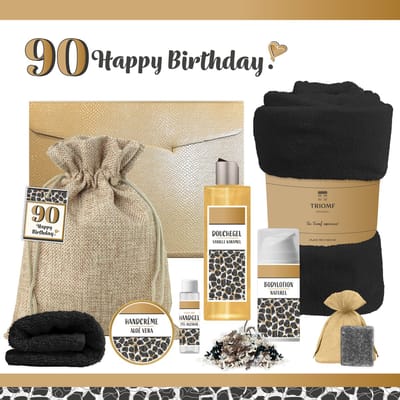 Geschenkset “90 Jaar Happy Birthday!” - 8 producten - 1210 gram - Triomf Cosmetica | Luxe wellness cadeaubox voor haar Giftset Negentig Cadeau Pakket Verjaardag Gefeliciteerd Verjaardagscadeau Vrouw Gift Set Party Ninety Years Panter Zwart Goud