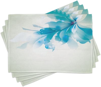 ABAKUHAUS abstracte placematten, grote, enkele, mooie abstracte blauwe schaduw-ombré bloemenafbeelding, tafeldecoratie van kleurvast stof voor eetkamer en keuken, lichtblauw, wit en blauw