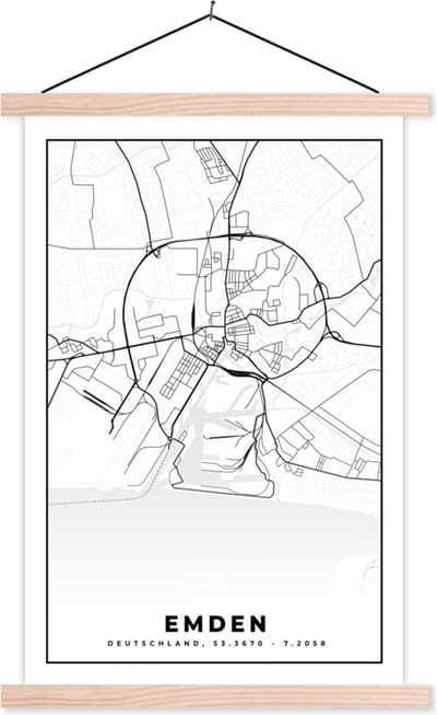 Posterhanger incl. Poster 40x60 cm - Schoolplaat - Plattegrond - Emden - Kaart - Stadskaart - Textielposter - Blanke latten - Stadskaart