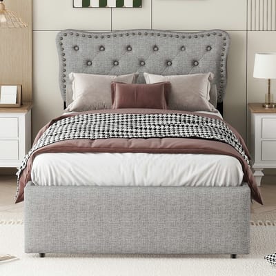 VVBV Gestoffeerd Bed met Opbergruimte 90x200 cm met Lades, Bureau - Grijs