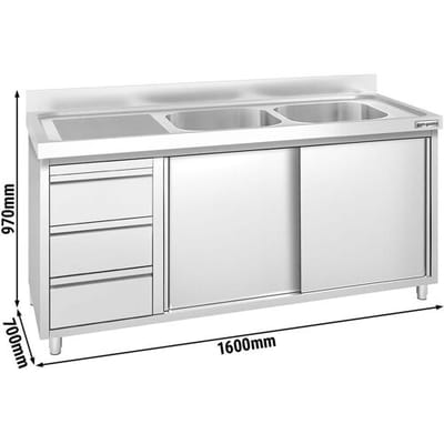 GGM Gastro Spülschrank PREMIUM - 1600x700mm - mit 3 Schubladen & 2 Becken rechts