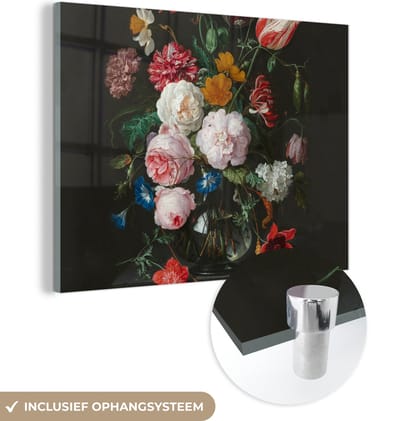 MuchoWow® Glasschilderij 160x120 cm - Schilderij acrylglas - Stilleven met bloemen in een glazen vaas - Schilderij van Jan Davidsz. de Heem - Foto op glas - Schilderijen