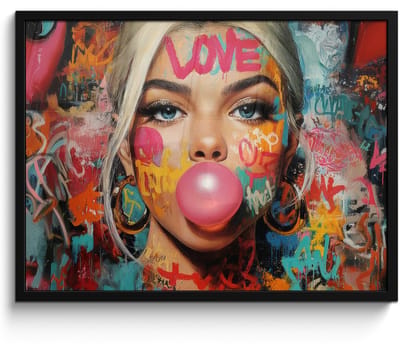 Poster in lijst - Fotolijst 80x60 cm - Posters - Vrouw - Kauwgom - Graffiti - Love - Posterlijst zwart - Decoratie - Wanddecoratie woonkamer - Muurdecoratie slaapkamer