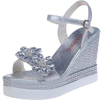 Vrouwelijke mode bloemen open teen sandalen jurk zilveren sandalen vrouwen strass wiggen platform feest schoenen vrouw 40