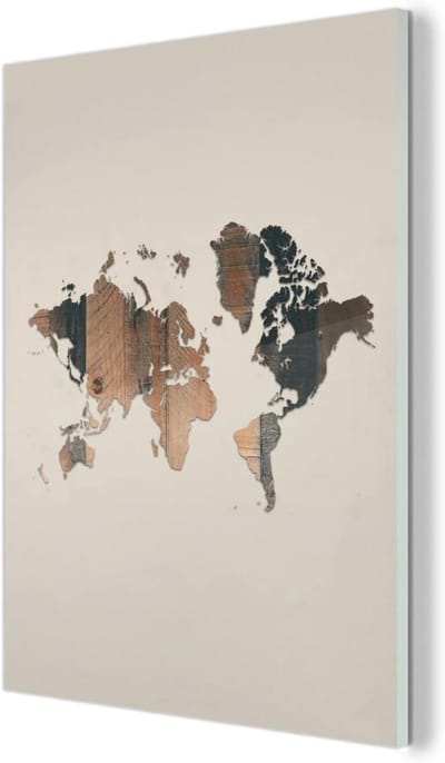 Glasschilderij Wereldkaart - Wanddecoratie Acryl - Woonkamer Decoreren - Extreem Scherpe Afdruk - 90x120 cm - Bruin