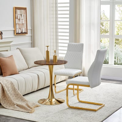 OKWISH Eettafelset 60 Cm - Ronde Tafel Met 2 Eetkamerstoelen - Voor Eethoek Of Lounge - MDF, Metaal En Kunstleer - Walnoot, Wit En Goud