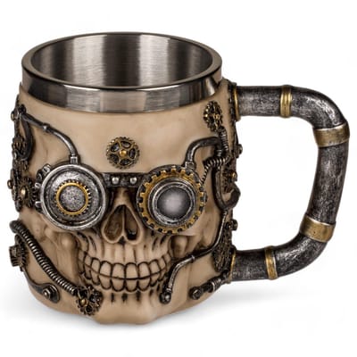 Dailygoods- Bierpul 3D-doodskopdesign - Steampunk Skull - Robuust polyhars - Roestvrijstalen inzetstuk - Inhoud 400 ml - Uniek accessoire - Drinkbeker