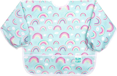 Bumkins Sleeved Bib - Waterdichte Mouwslab met Opvangbakje - Slab met Lange Mouwen - Knoeislab en Slabbetje voor Baby en Peuter - Kliederschort - Machinewasbaar - Baby Led Weaning BLW - Rainbows Regenboog - Lichtblauw - 6-24 maanden