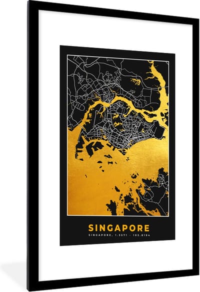 Fotolijst incl. Poster - Singapore - Stadskaart - Goud - Plattegrond - Kaart - 60x90 cm - Posterlijst