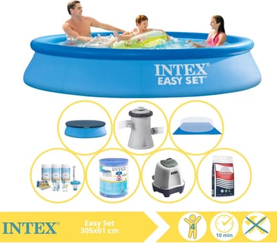 Intex Rond Opblaasbaar Easy Set Zwembad - 305 x 61 cm - Blauw - Inclusief Pomp - Afdekzeil - Onderhoudspakket - Filter - Grondzeil - Zoutwatersysteem - Zwembadzout - 8-delig