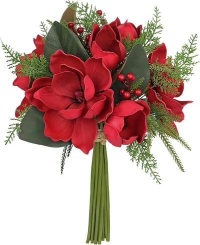 Kunstbloemen Magnolia Boeket - Kunstplant Kerstdecoratie - Woonkamer Decoratie - Weelderige Bloem Samenstelling - 45 cm Hoog