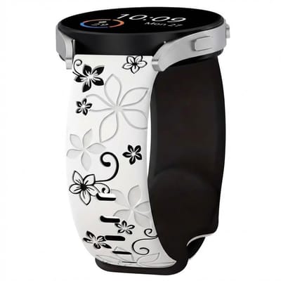 Wit zwart silicone horloge band dames Geschikt voor serie samsung galaxy watch 7 / 6 / 5 / 5 pro / 4 / FE / ACTIVE / ACTIVE 2 20 mm horloge – bloemen patroon horlogeband – two tone floral engraved stijl