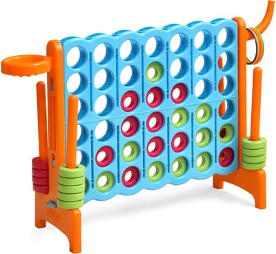COSTWAY Enorme 4 wint speelset met basketbalkorf en werpspel, incl. 42 jumbo-ringen en schuifregelaar om snel opnieuw te starten, vier in een rij spel groot (blauw + oranje)