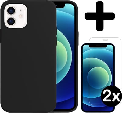 Hoesje - Met 2x Screenprotector - Geschikt voor Apple iPhone 12 - Sterk & Shockproof - Telefoon Hoes - Back Cover - Siliconen Case - Telefoonhoes - Zwart