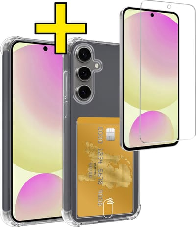 Hoesje - Geschikt voor Samsung Galaxy S24 FE - Met Screenprotector - En Pashouder - En Kaarthouder - Telefoon Hoes Shockproof - Siliconen Case - Back Cover - Shock Proof - Pasjes Houder - Telefoonhoesjes - Transparant