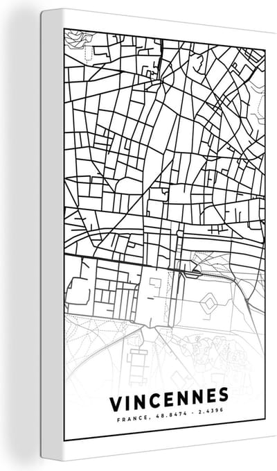 Canvas Schilderij Plattegrond – Kaart – Frankrijk – Vincennes - Stadskaart - Zwart wit - 20x30 cm - Wanddecoratie
