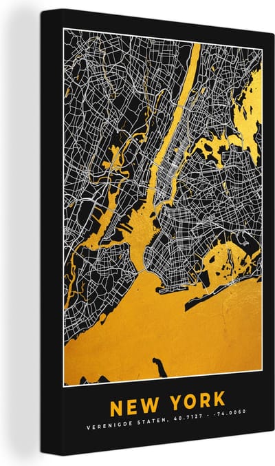 Canvas Schilderij New York - Stadskaart - Goud - Kaart - Plattegrond - 20x30 cm - Wanddecoratie