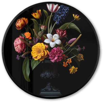 Poster in lijst Rond - Fotolijst 60x60 cm - Posters - Lente - Bloemen - Klassiek - Vaas - Ronde posterlijst zwart - Decoratie - Wanddecoratie woonkamer - Muurdecoratie slaapkamer
