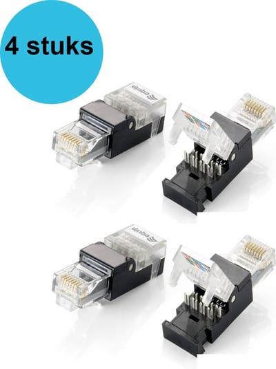 4 stuks kabel-connector RJ-45 Zwart, Transparant RJ45 connectoren - Stekker - Connector - Cat5E - Cat6 - Plugs - Connector stekker - UTP - Ethernet - Internet plug - Netwerkstekker