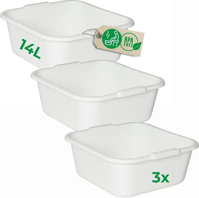 Novaliv 3x Vierkante Afwaskommen 14L, 38x38 cm, Wit, BPA-vrij, Vaatwasserbestendig, Ideaal voor Keuken en Camping, Bad, Grote Kunststof Kom, Vierkante Afwaskom, Afwasbak, Afwaskom