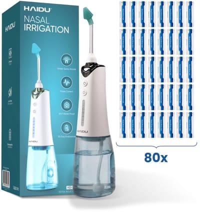 HAIDU Neusdouche Vital + 80 Zakjes Spoelzout – Elektrische Neusspoeler bij Verkoudheid en Verstopte Neus – 5 Standen