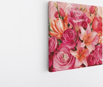 Saammp Canvas Schilderij - Bloemen Boeket Roze en Oranje - Natuur - Abstract - 20x20 - Foto op canvas - Wanddecoratie - Muurdecoratie Woonkamer - Kantoor Decoratie