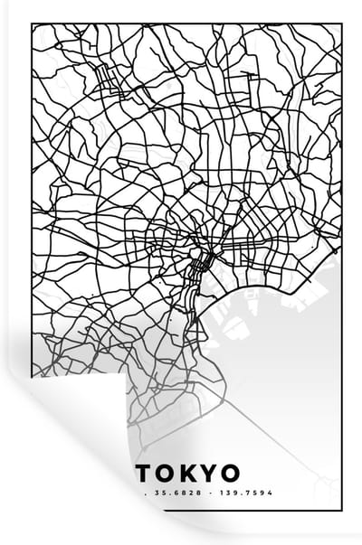Muurstickers - Sticker Folie - Tokyo - Stadskaart - Zwart Wit - Plattegrond - Kaart - 20x30 cm - Plakfolie - Muurstickers Kinderkamer - Zelfklevend Behang - Zelfklevend behangpapier - Stickerfolie