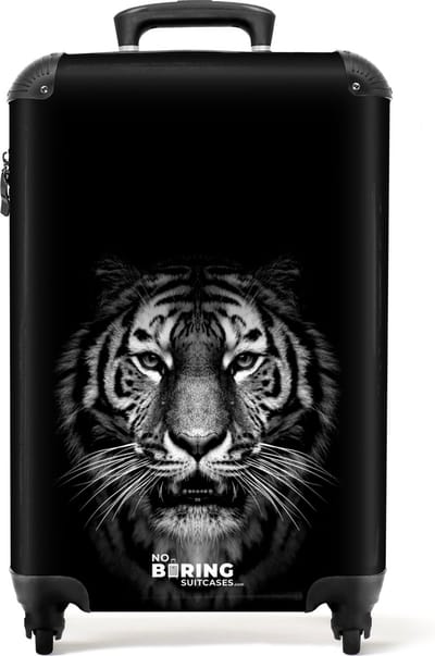 NoBoringSuitcases.com - Tijger koffer zwart - 55x40x20 cm en 55x35x25 cm - Zwarte reistas - Origineel cadeau voor mannen - Trolley handbagage - Valiezen met wieltjes volwassenen - Reiskoffer op wielen man - Cabine bagage rolkoffer lichtgewicht